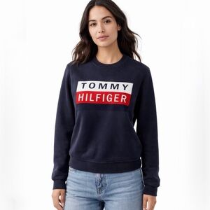 Tommy Hilfiger Navy Logo Crewneck Sweatshirt Fleece Lined Pullover Sz S💚